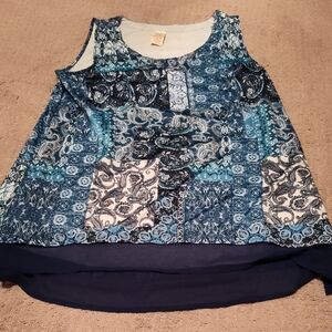 Faded Glory Blue Patchwork Print Tank with Navy Hem